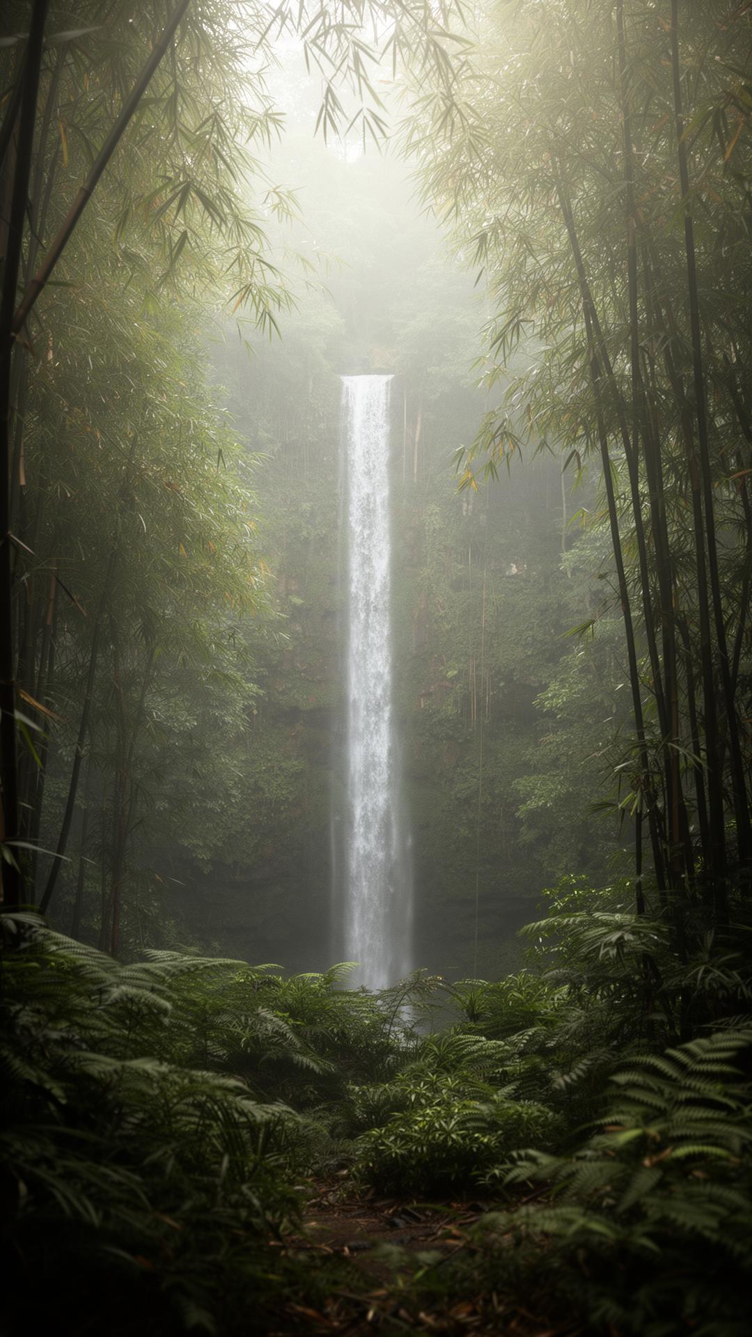 Misty forest waterfall